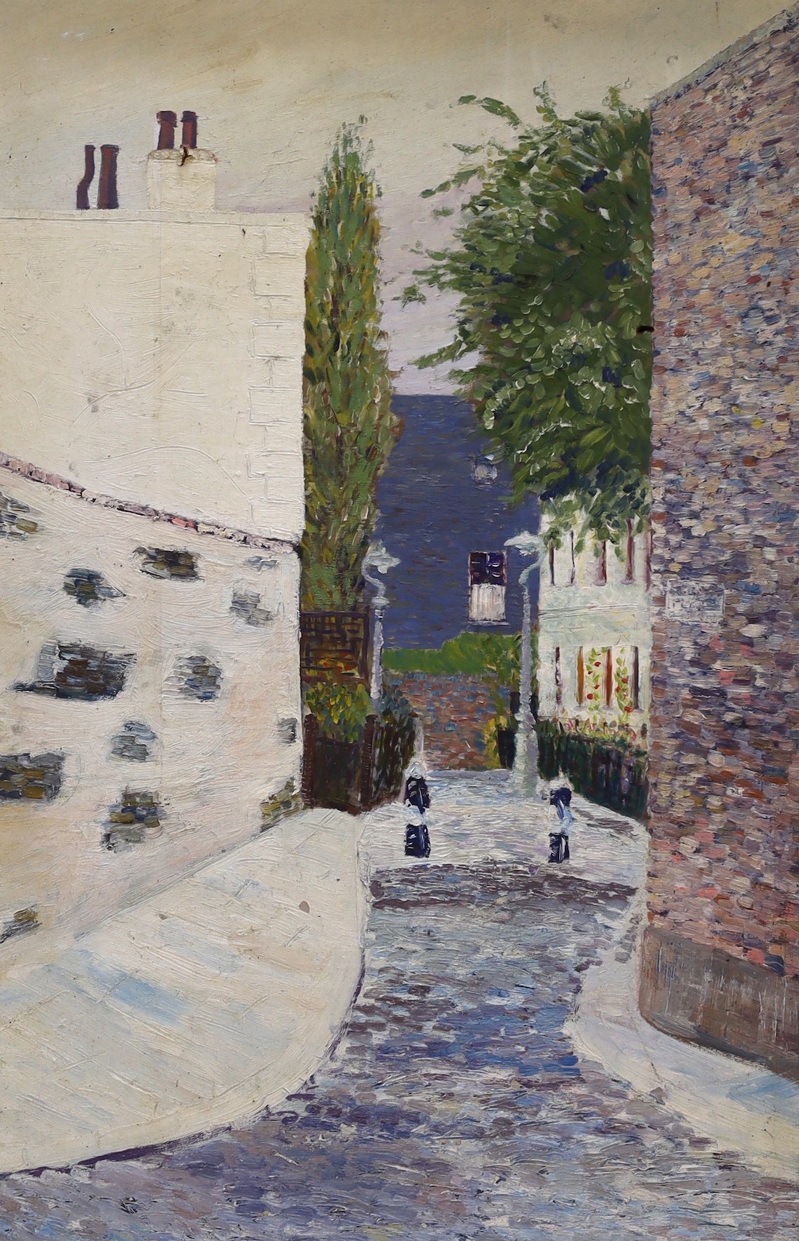 Modern British, oil on board, Street scene, 90 x 59cm